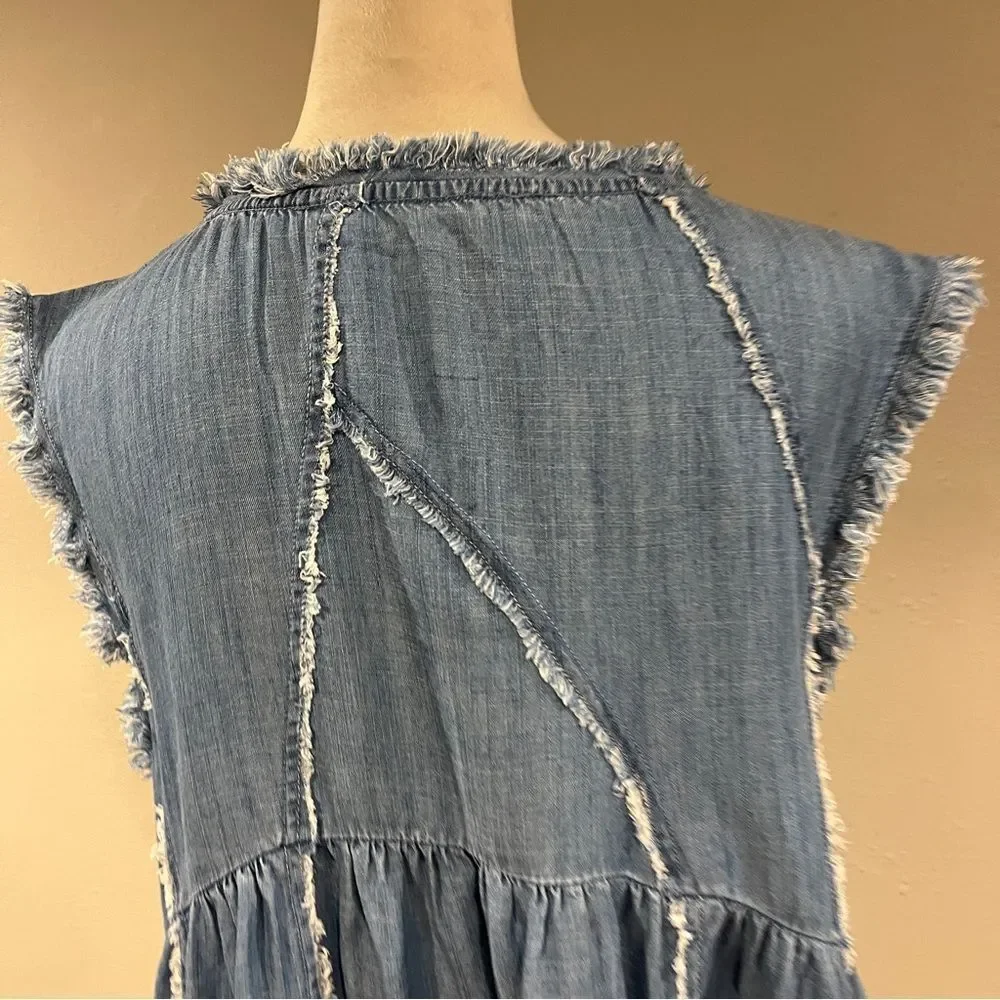 Sleeveless Patched and Frayed Tunic Dress - Light Indigo size small - Picture 7 of 13